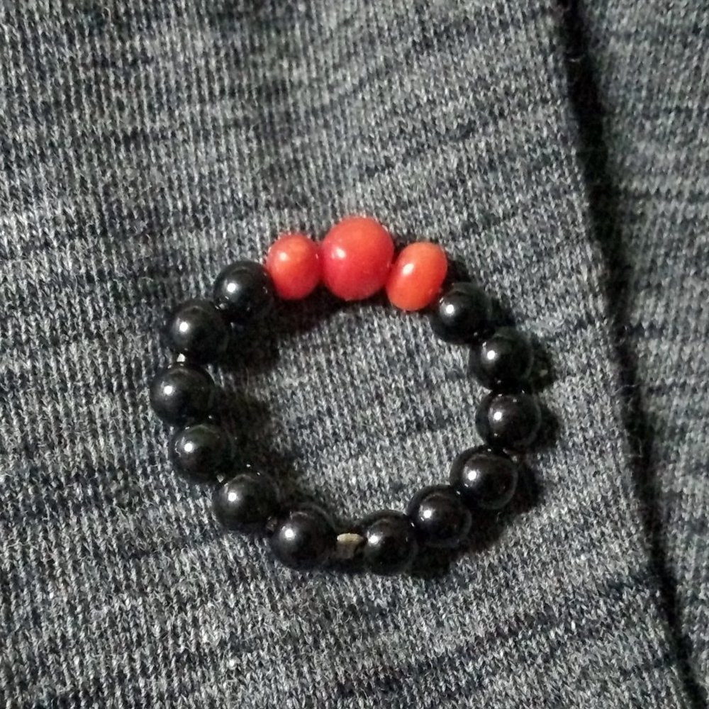 Sexy!!! Dainty Red Coral + Black Stone Beaded Ring S5 - Midi Knuckle Thumb - Picture 4 of 7